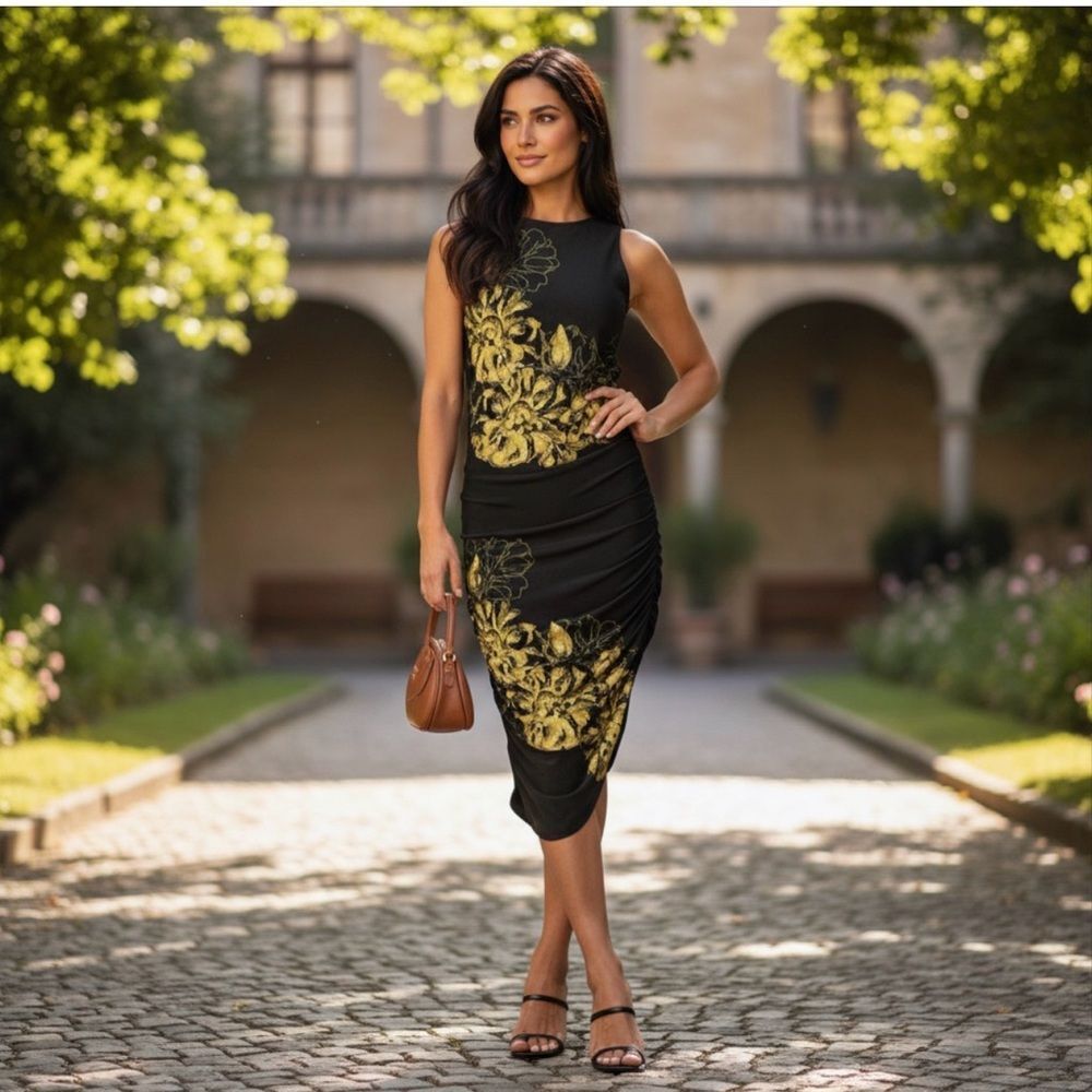 BOLD elements Black Midi Dress with Yellow Floral Print